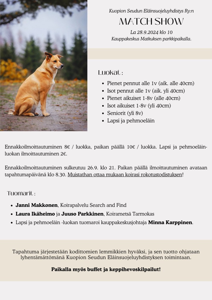 Keppihevoskilpailujen mainoskuva. Kuvassa kerrotaan Kuopion Seudun Eläinsuojeluyhdistys Ry:n järjestävän Kuopiossa, Kauppakeskus Matkuksen parkkipaikalla Keppihevoskilpailut 28.9.2024 lauantaina klo 11 alkaen. Osallistumislinkki löytyy tämän kuvan alta.